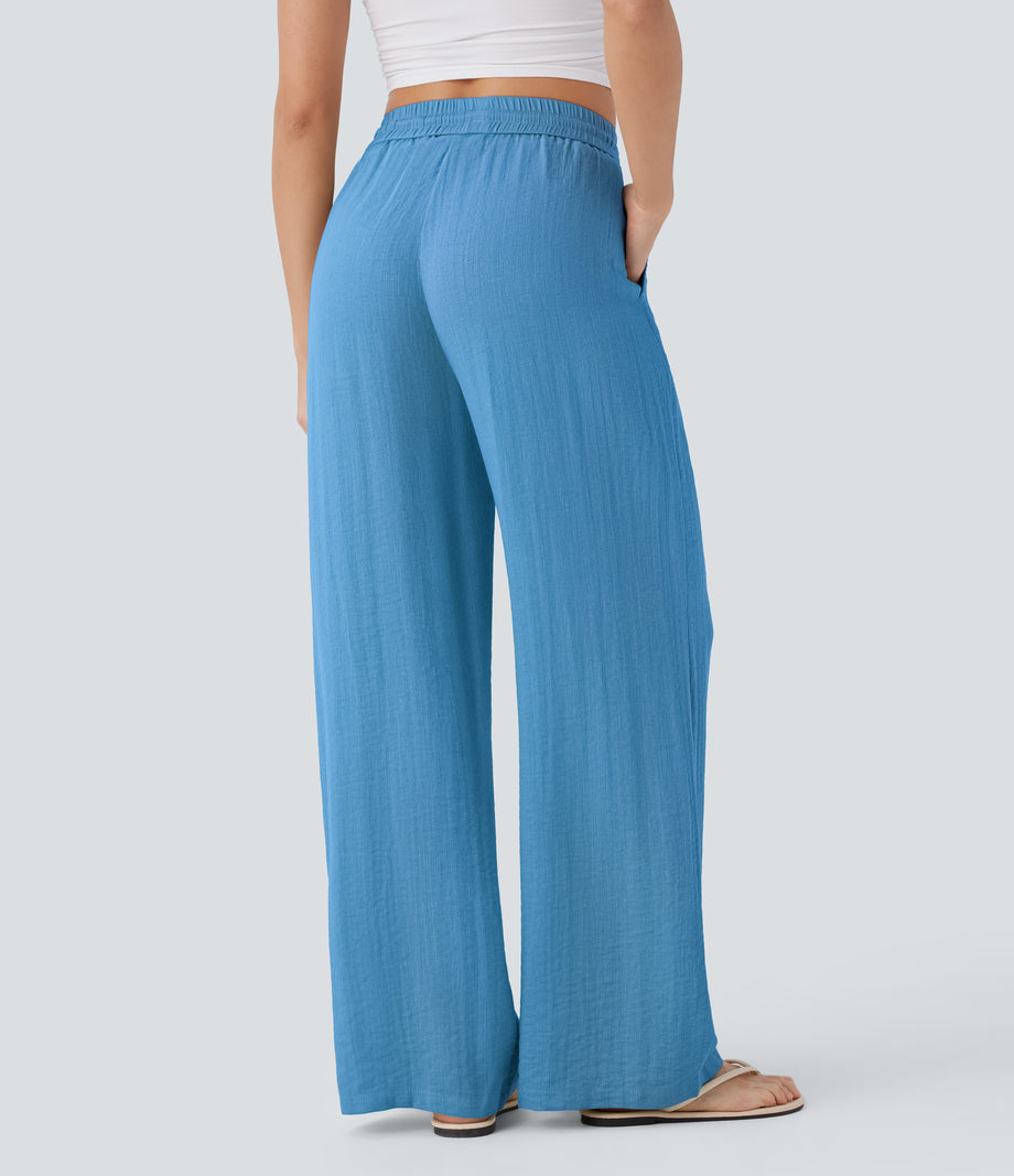 High Waisted Drawstring Pocket Wide Leg Baggy Casual Linen-Feel Pants - Azure Blue