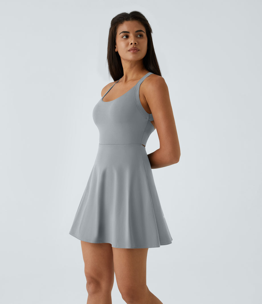 SoftlyZero™ Airy Backless Twisted Flare Low Support Dance Active Dress-Longer Length-Easy Peezy Edition A-D Cups - Quarry
