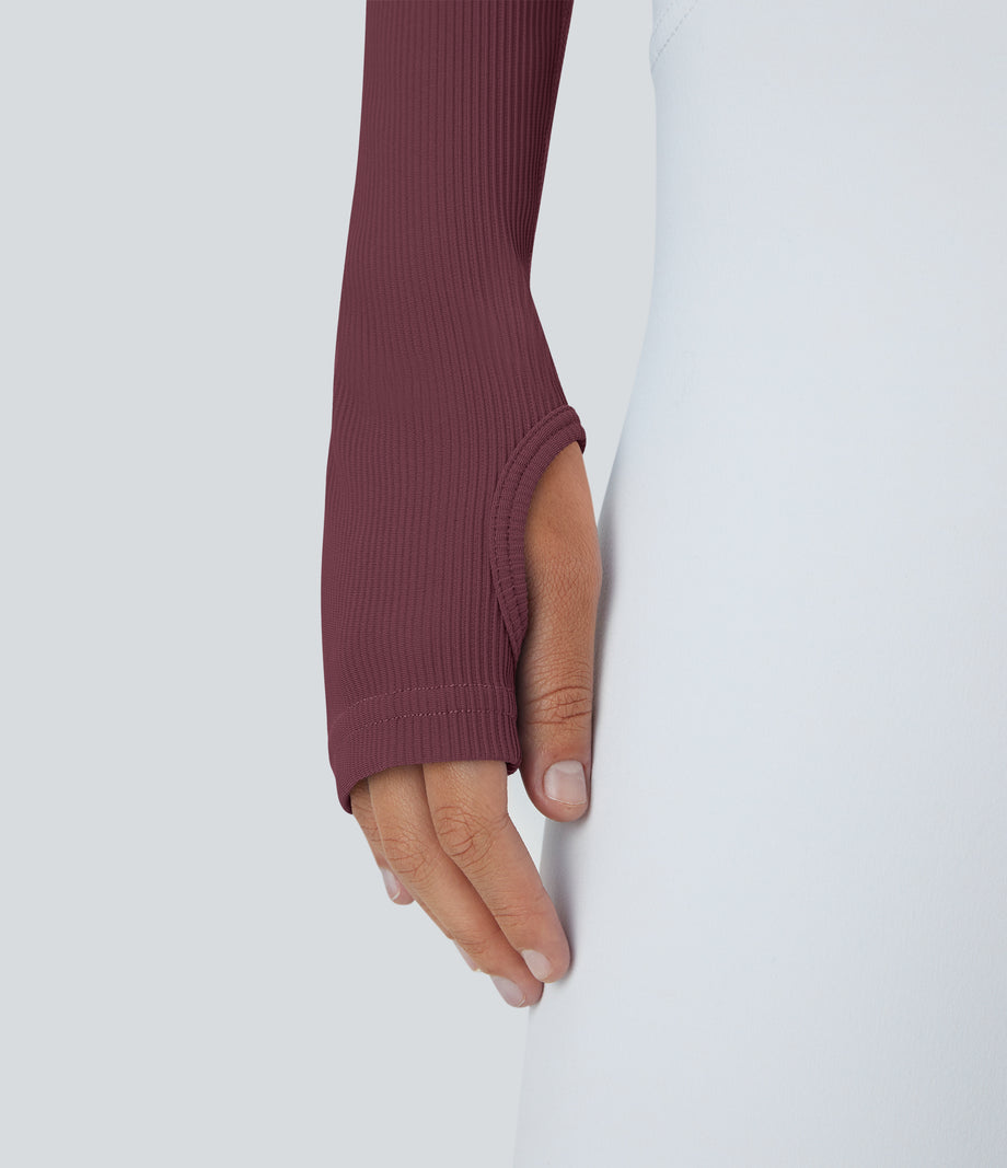 Ribbed Halter Strap Thumb Hole Cropped Yoga Sports Top - Maroon Banner