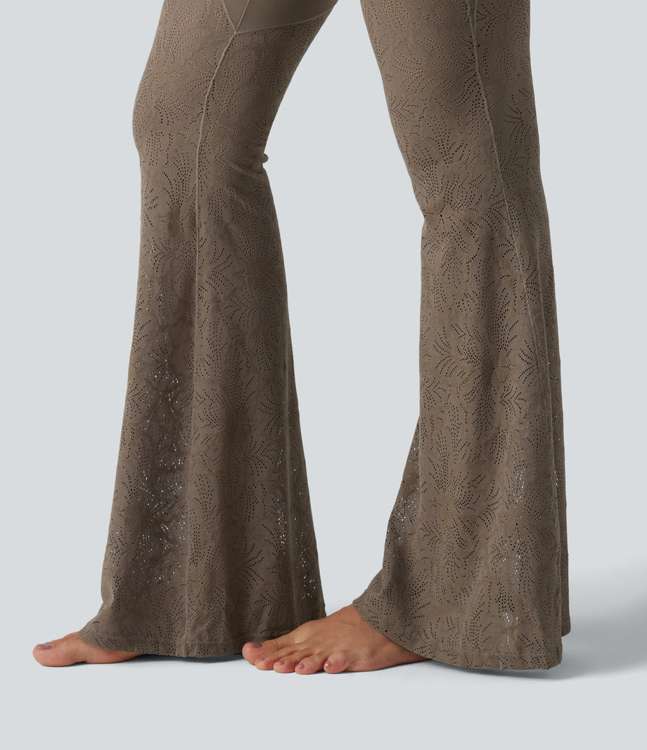 Halara UltraSculpt™ High Waisted Tummy Control Contrast Lace Yoga Flare Leggings with Pocket - Dawn Brown