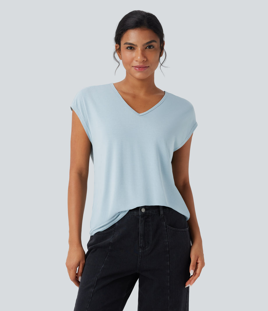 V Neck Short Sleeve Casual T-Shirt - Baby Blue