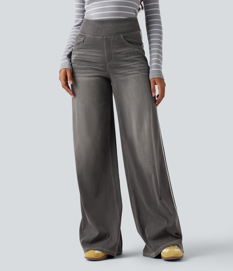 Halara Flex™ High Waisted Stripe Wide Leg Flowy Washed Casual Jeans with Pockets - Iron Gate Denim
