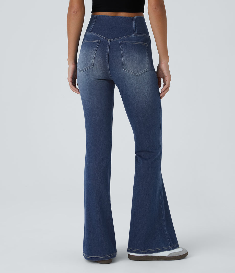 Halara Flex™ High Waisted Crossover Pocket Washed Casual Flare Jeans - Royal Blue Denim