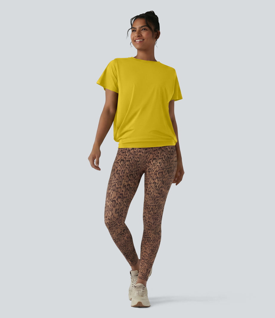 Round Neck Short Sleeve Ruched Cool Touch Yoga Sports Top-UPF50+ - Mango Mint
