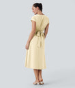 Breezeful™ V Neck Short Sleeve Pocket Tie Back Quick Dry Midi Casual Dress - Afterglow