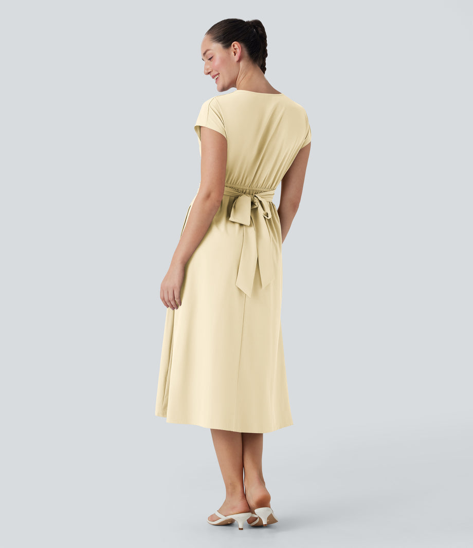 Breezeful™ V Neck Short Sleeve Pocket Tie Back Quick Dry Midi Casual Dress - Afterglow