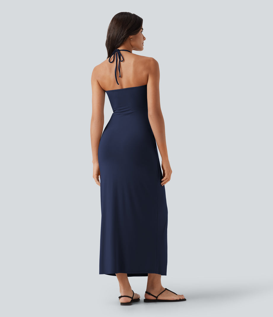 Halter Tie Back Maxi Dress with Pockets - Naval Academy