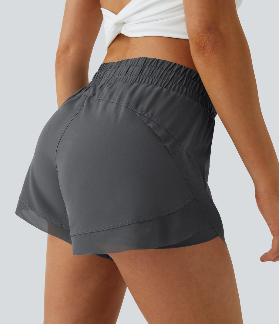 Mid Rise Drawstring Contrast Mesh 2-in-1 Flowy Running Shorts 3'' - Dark Grey