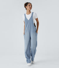 Halara Flex™ V Neck Pocket Washed Denim Casual Overalls - Powder Blue Denim