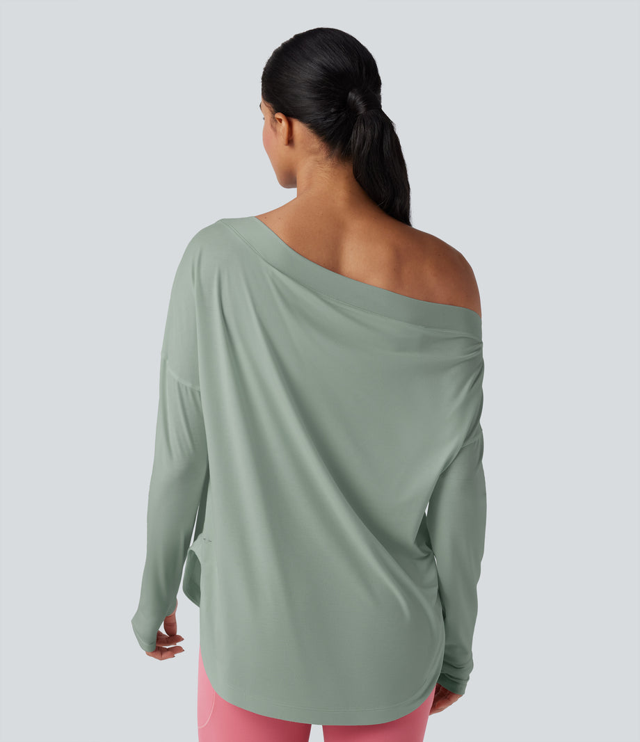 One Shoulder Long Sleeve Thumb Hole Curved Hem High Low Quick Dry Yoga Sports Top-Built-in Bra - Iceberg Green