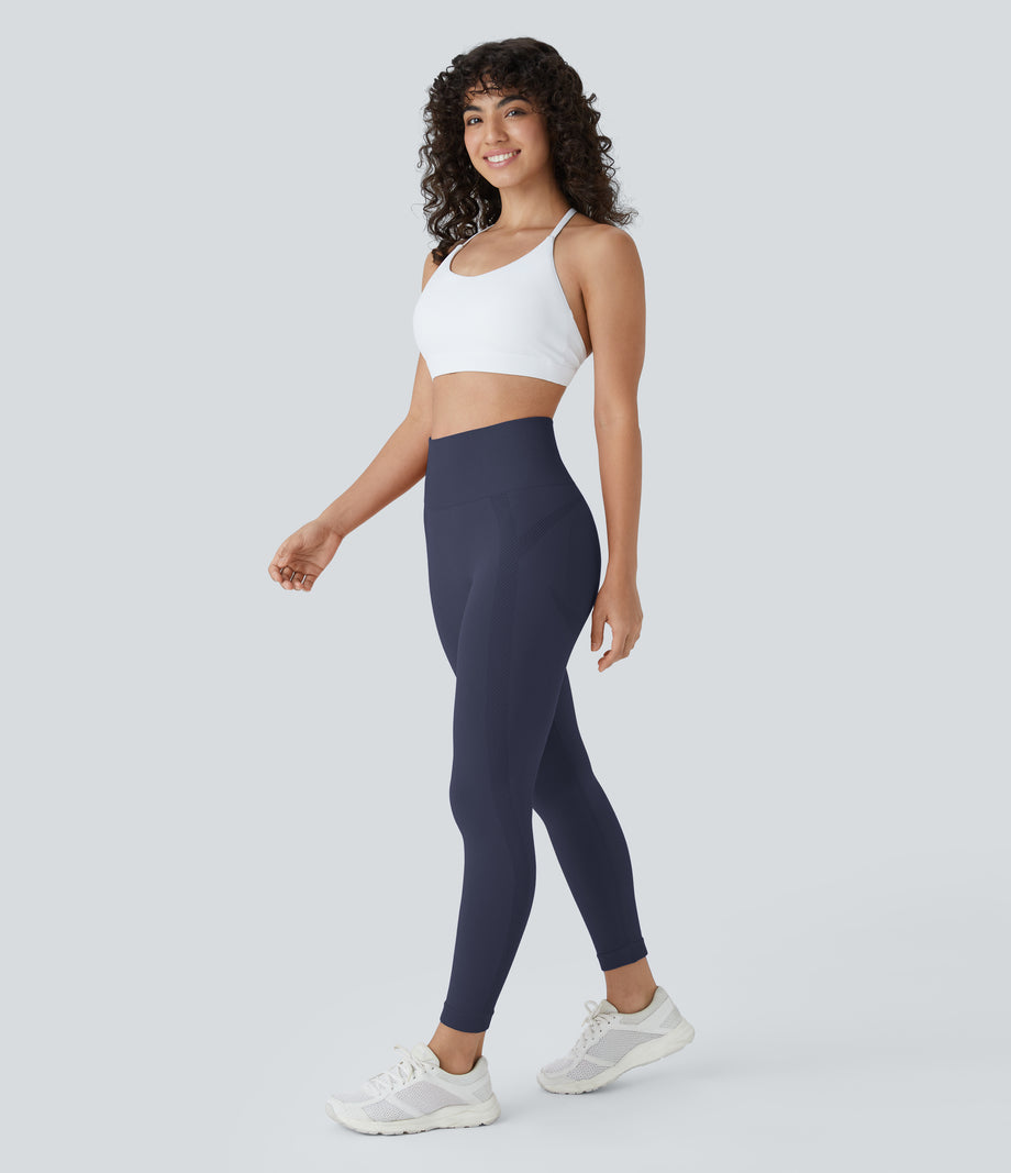 OneForm Seamless Flow High Waisted Ruched 7/8 Yoga Leggings - Peacoat