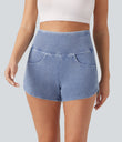 Halara Flex™ High Waisted Tummy Control Curved Hem Skinny Denim Casual Shorts with Pockets - Powder Blue Denim