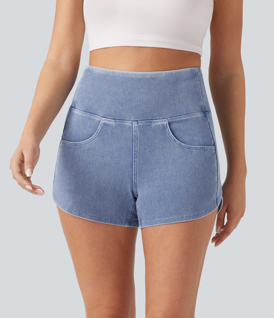 Halara Flex™ High Waisted Tummy Control Curved Hem Skinny Denim Casual Shorts with Pockets - Powder Blue Denim
