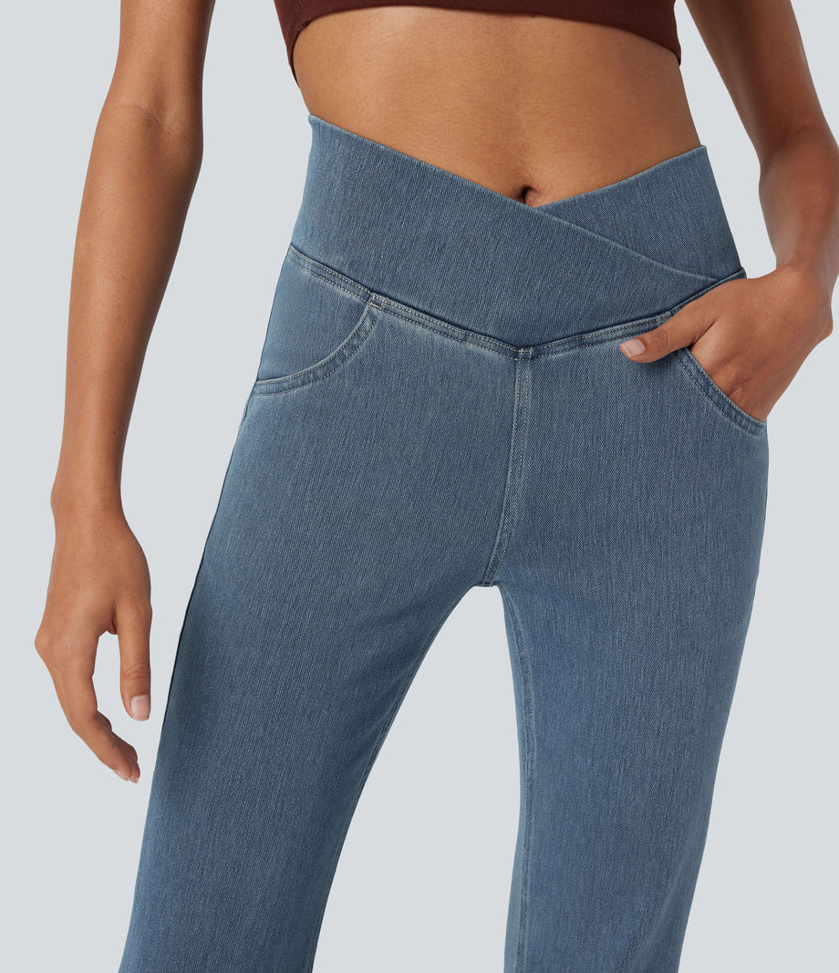 Halara Flex™ High Waisted Crossover Pocket Washed Casual Jeans - Tide Blue Denim