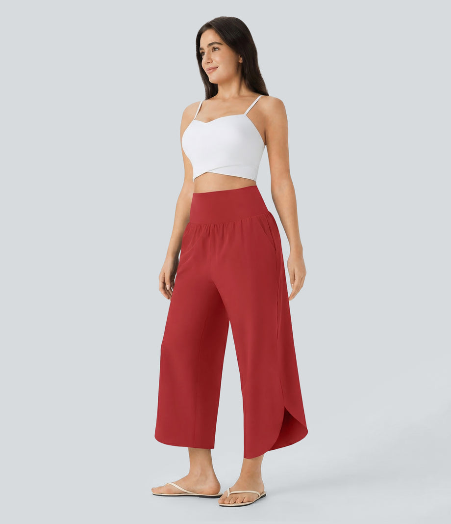 Breezeful™ High Waisted Tummy Control Split Hem Quick Dry Resort Pants with Pockets - Pompeian Red