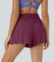 Frill High Waisted Elastic Waistband Drawstring Flowy Stacked Casual Shorts 3" - Red Violet