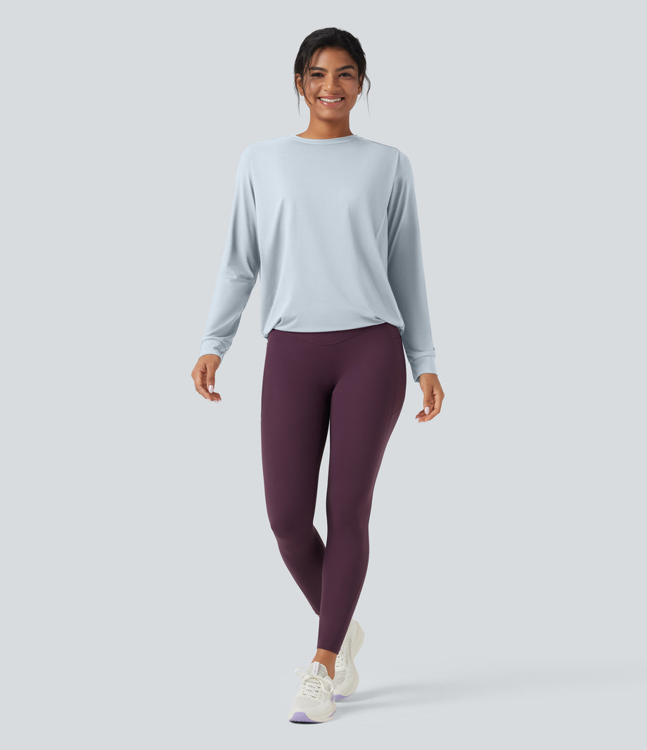 Round Neck Long Sleeve Ruched Yoga Sports Top-UPF50+ - Illusion Blue
