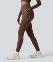 Halara Ultrasculpt™ Heat High Waisted Tummy Control Crossover Back Fleece Running Leggings with Pockets - Pinecone