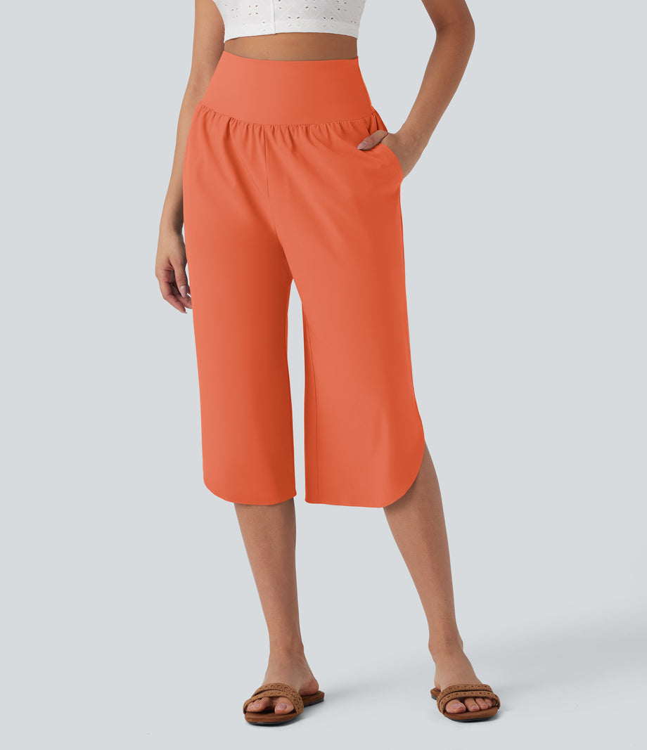 Breezeful™ High Waisted Tummy Control Hem Quick Dry Capri Pants with Pockets - Flamingo