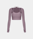 Ribbed Halter Strap Thumb Hole Cropped Yoga Sports Top - Fragrant Purple