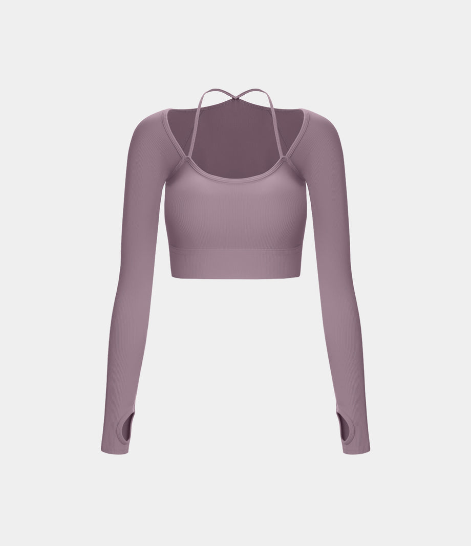 Ribbed Halter Strap Thumb Hole Cropped Yoga Sports Top - Fragrant Purple