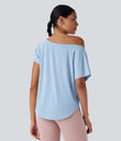 One Shoulder Short Sleeve Curved Hem High Low Quick Dry Yoga Sports Top - Angel Falls