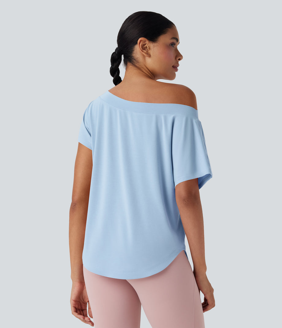 One Shoulder Short Sleeve Curved Hem High Low Quick Dry Yoga Sports Top - Angel Falls