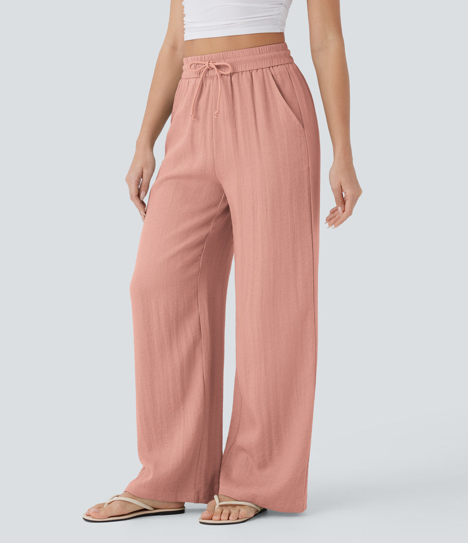 High Waisted Drawstring Pocket Wide Leg Baggy Casual Linen-Feel Pants - Mineral Red