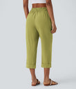 High Waisted Zipper Pocket Cropped Linen-Feel Pants - Moss