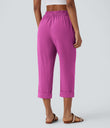 High Waisted Zipper Pocket Cropped Linen-Feel Pants - Rose Violet