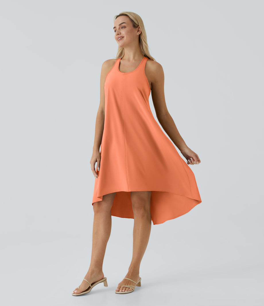 Breezeful™ Backless Racerback Side Pocket High Low Flowy Midi Quick Dry Casual Dress - Flamingo