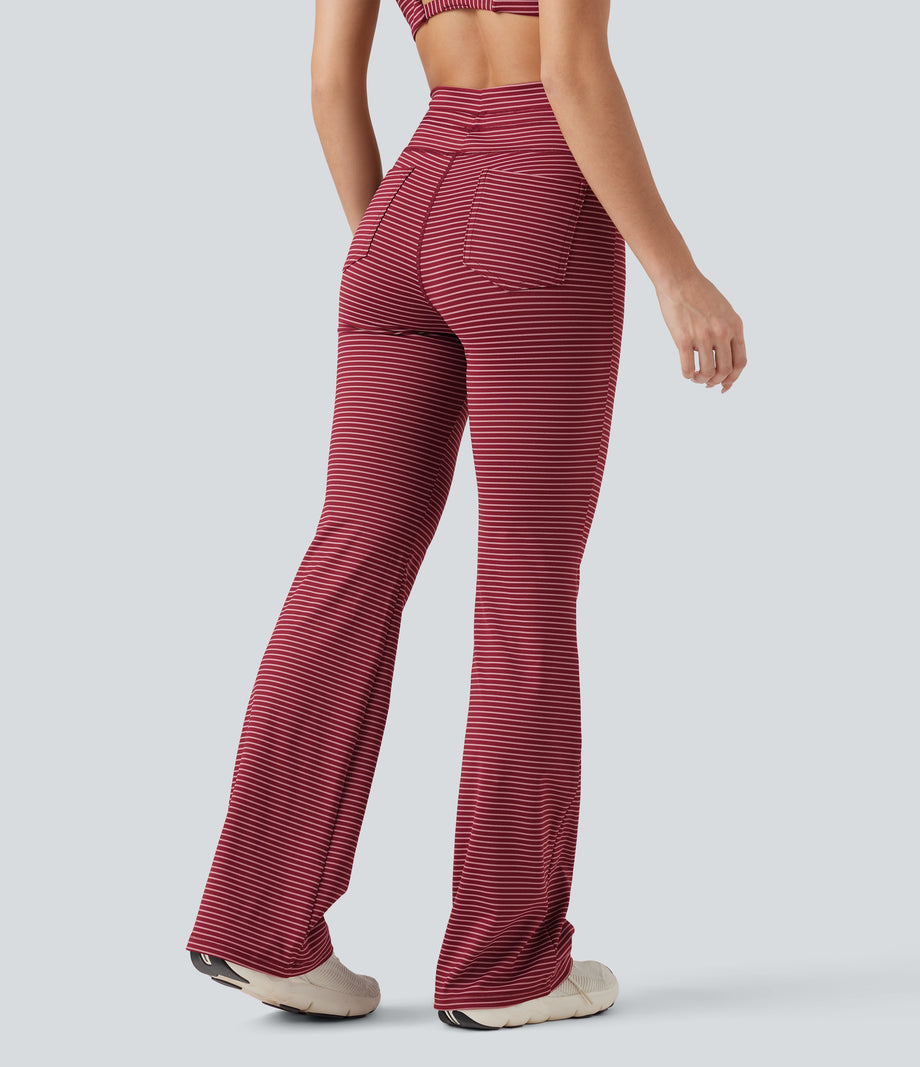 High Waisted Drawstring Stripe Flare Yoga Pants with Pockets - Crimson Rose
