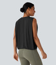Round Neck Ruched Cool Touch Yoga Tank Top-UPF50+ - Black