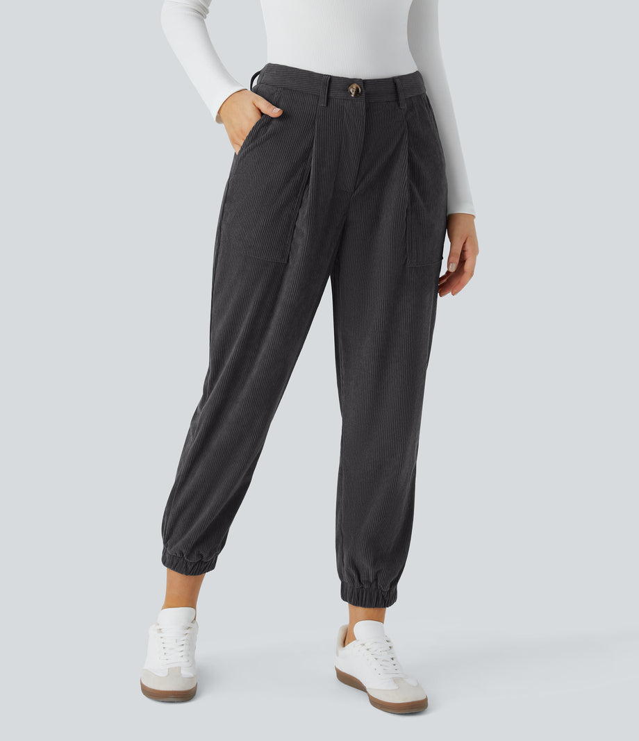 Mid Rise Zipper Pockets Corduroy Casual Joggers - Phantom