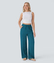 High Waisted Drawstring Pocket Wide Leg Baggy Casual Linen-Feel Pants - Crystal Teal