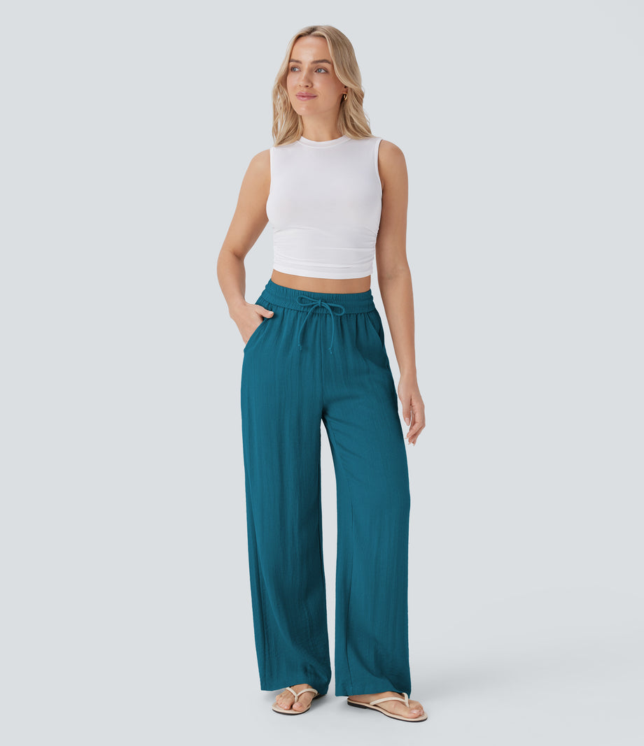 High Waisted Drawstring Pocket Wide Leg Baggy Casual Linen-Feel Pants - Crystal Teal