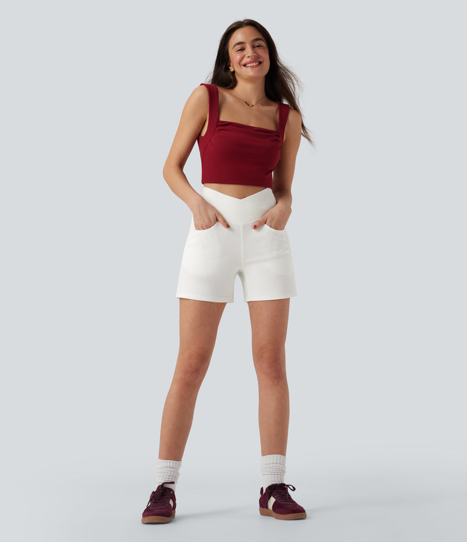 Halara Flex™ Crossover High Waisted Pockets Wide Leg A Line Washed Denim Casual Shorts - Bright White Denim