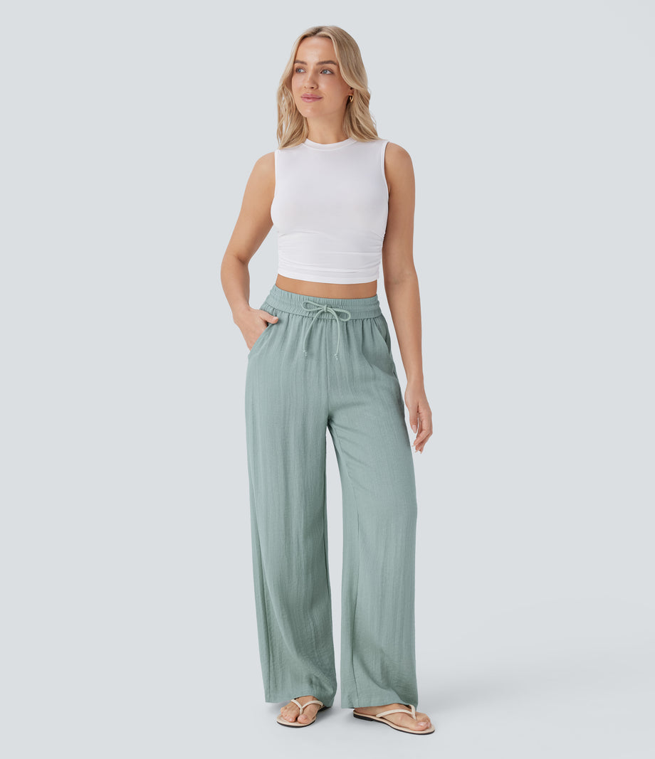 High Waisted Drawstring Pocket Wide Leg Baggy Casual Linen-Feel Pants - Ether