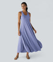 U Neck Flowy Maxi Casual Tank Dress - Light Blue Floral Yarn