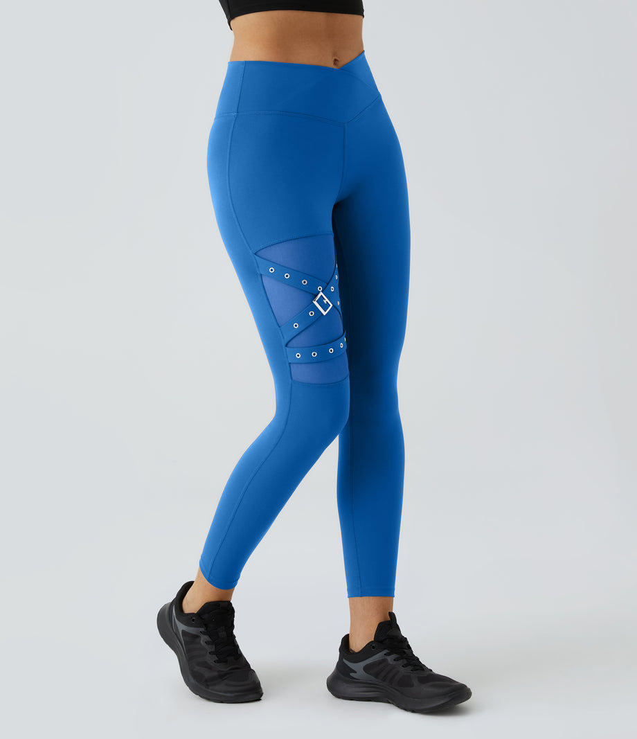 DayStretch High Waisted Crossover Contrast Mesh Decorative Buckle Yoga Leggings - Victoria Blue