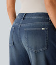 Halara Flex™ Low Rise Zipper Pockets Washed Baggy Wide Leg Casual Jeans - Cedar Blue Denim