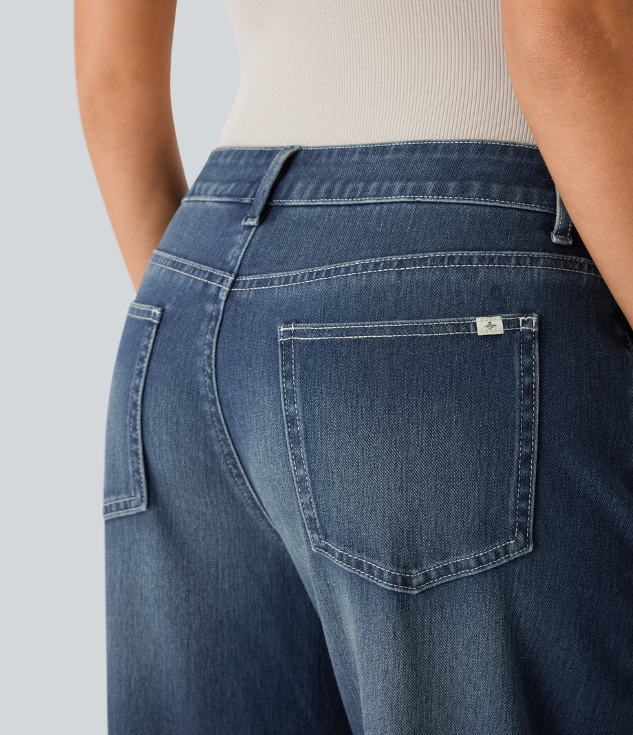 Halara Flex™ Low Rise Zipper Pockets Washed Baggy Wide Leg Casual Jeans - Cedar Blue Denim