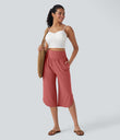 Breezeful™ High Waisted Tummy Control Hem Quick Dry Capri Pants with Pockets - Kapok Red