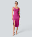 SoftlyZero™ Airy Square Neck Backless Corset Ruched Split Bodycon Midi Cool Touch Bridesmaid and Wedding Guest Dress - Fuchsia Fedora