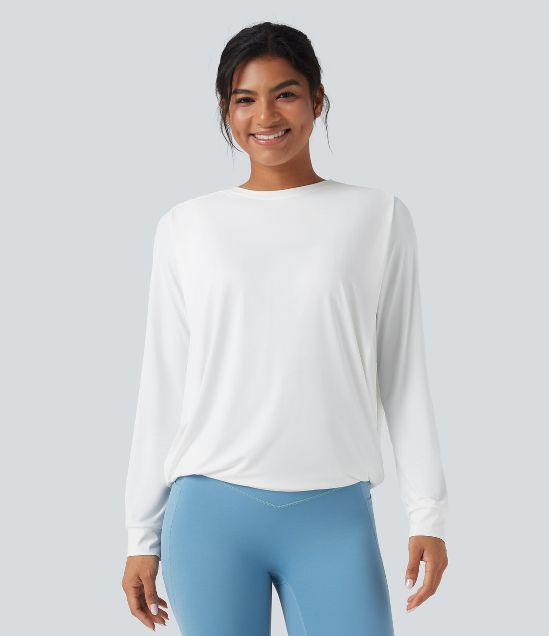 Round Neck Long Sleeve Ruched Yoga Sports Top-UPF50+ - White
