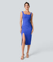 SoftlyZero™ Airy Square Neck Backless Corset Ruched Split Bodycon Midi Cool Touch Bridesmaid and Wedding Guest Dress - Aster Blue