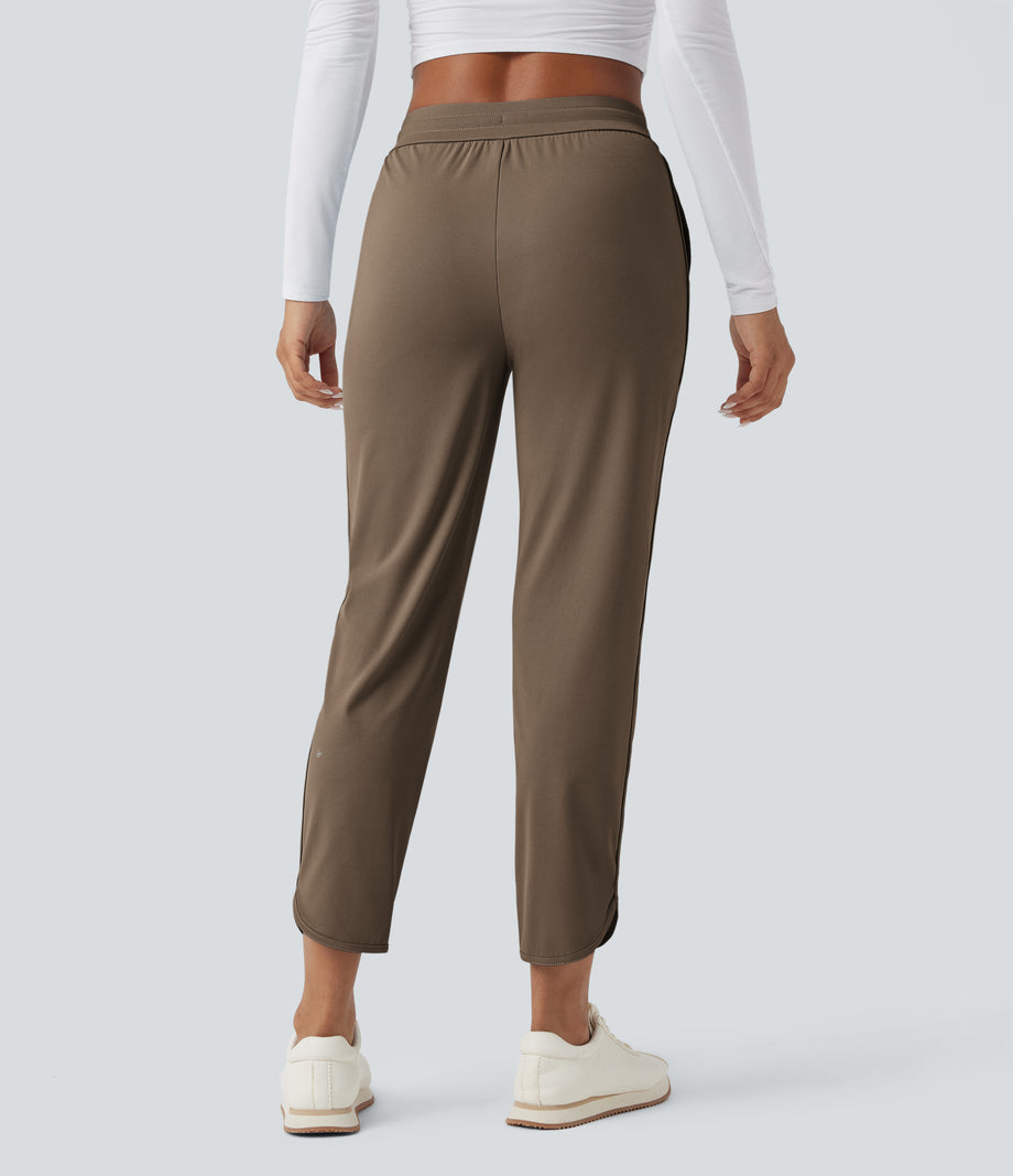 Mid Rise Drawstring Curved Hem Quick Dry Golf Tapered Pants with Pockets-UPF40+ - Shitake