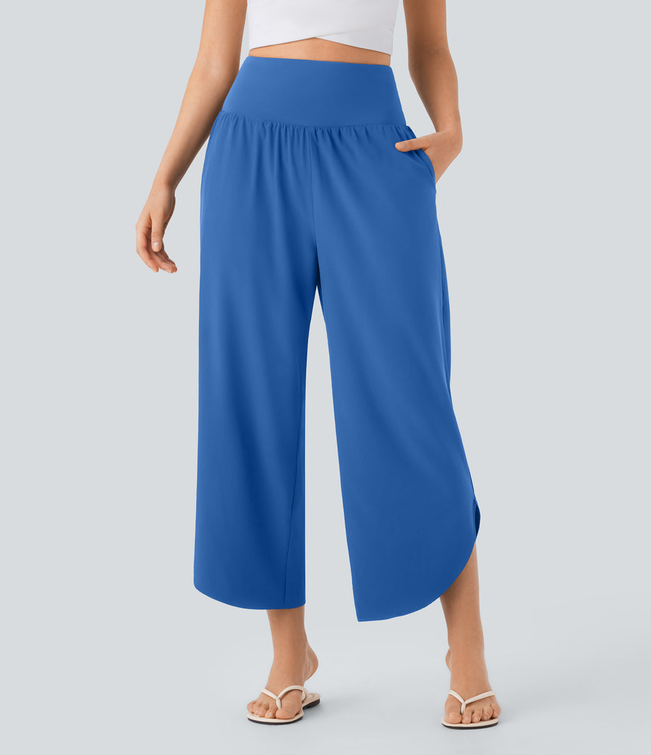 Breezeful™ High Waisted Tummy Control Split Hem Quick Dry Resort Pants with Pockets - Nebulas Blue
