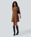 Ribbed Knit V Neck Long Sleeve Flare Mini Casual Dress with Pockets - Orange Floral Velvet