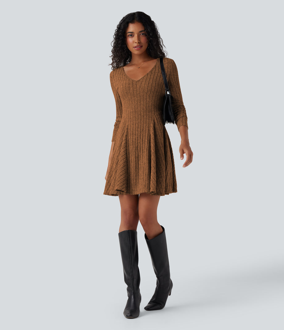 Ribbed Knit V Neck Long Sleeve Flare Mini Casual Dress with Pockets - Orange Floral Velvet